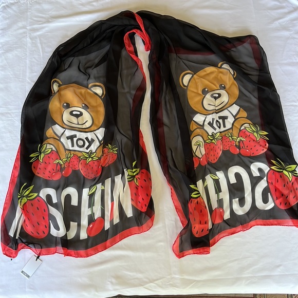 Moschino Silk Bear Strawberry Scarf 70”x180” Red and Black - Picture 1 of 7